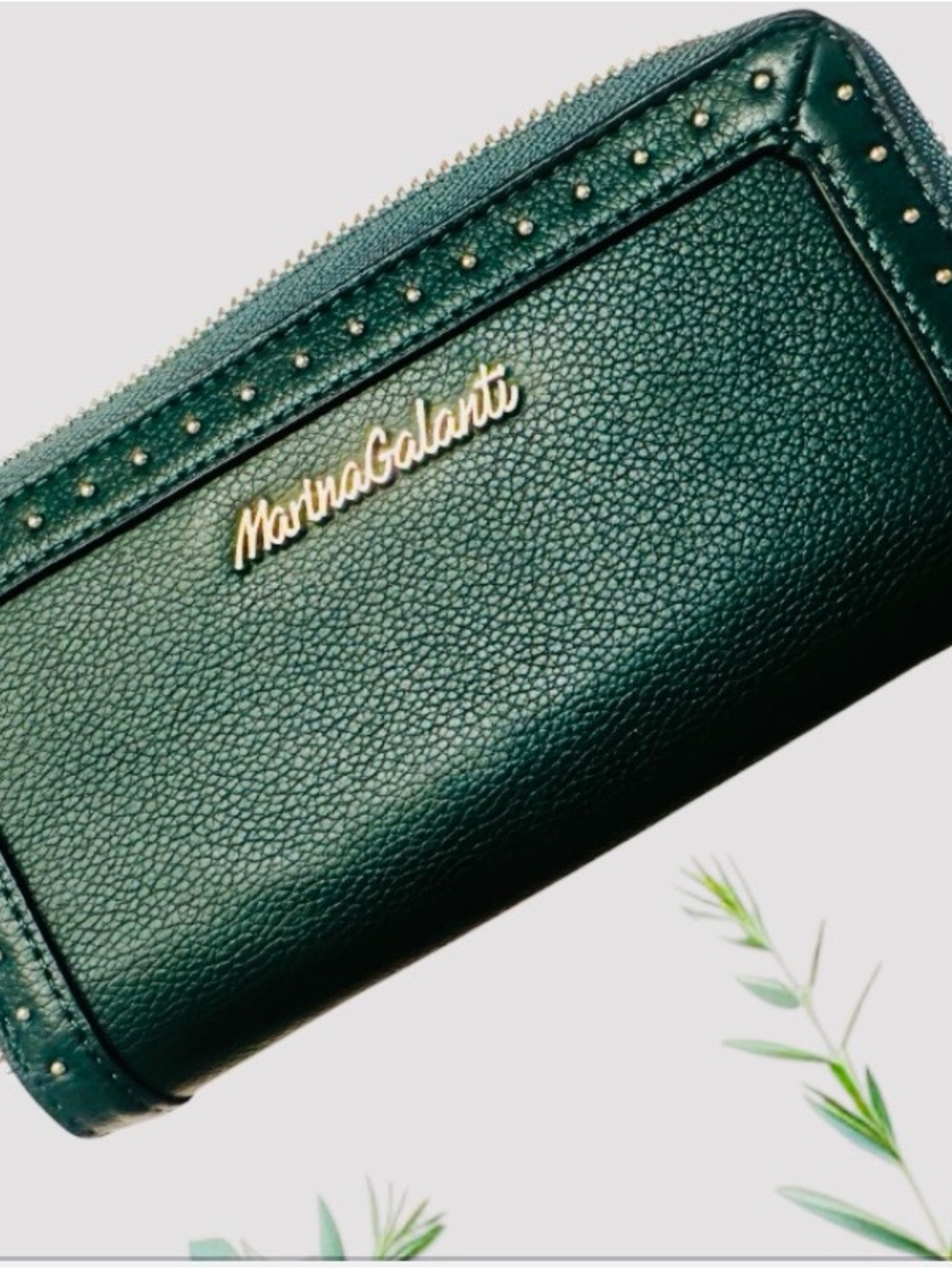 Marina Galanti Emerald Pebbled Zip Wallet with Gold Accents